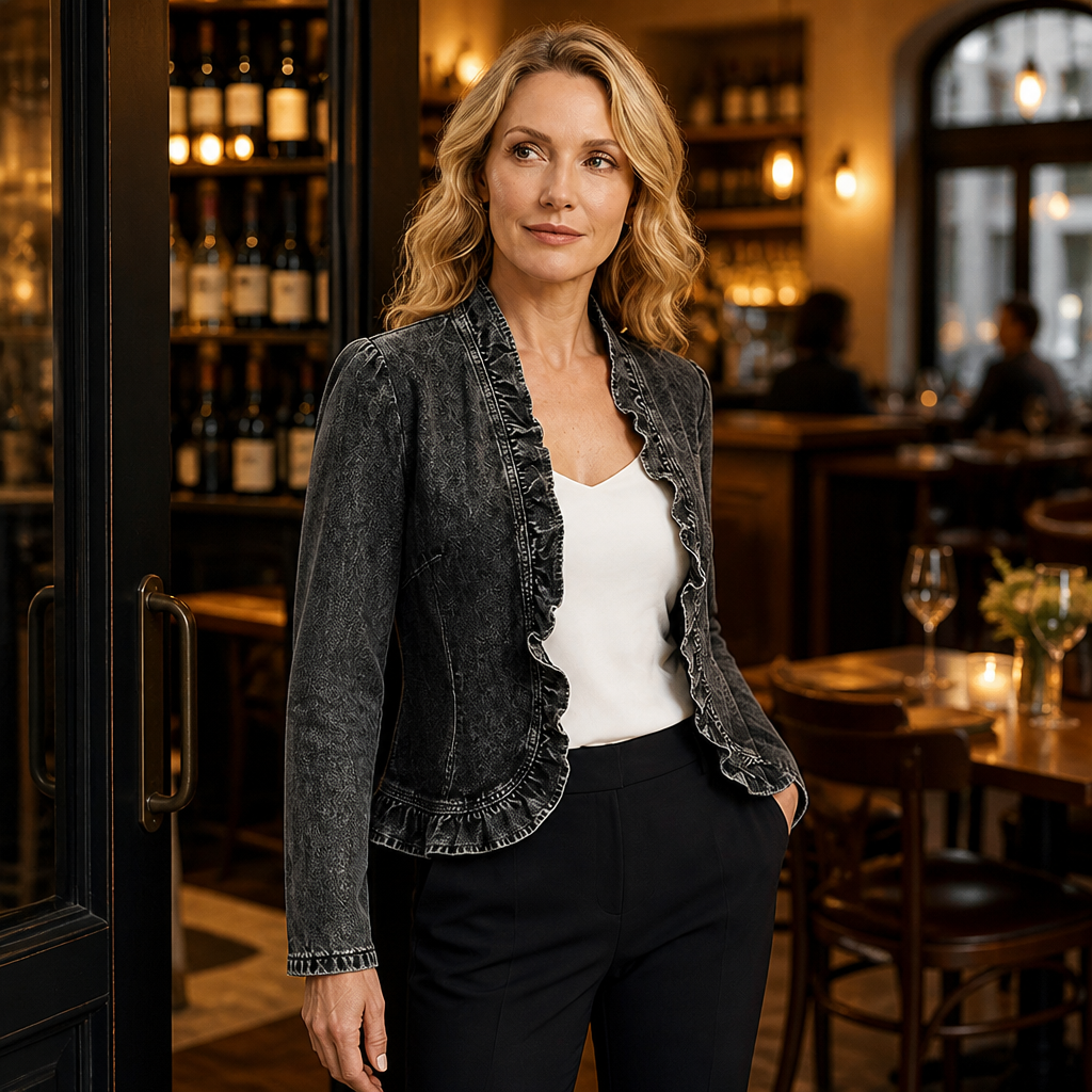 Denim Freedom™ – Lightweight Open-Front Denim Jacket with Ruffle Trim