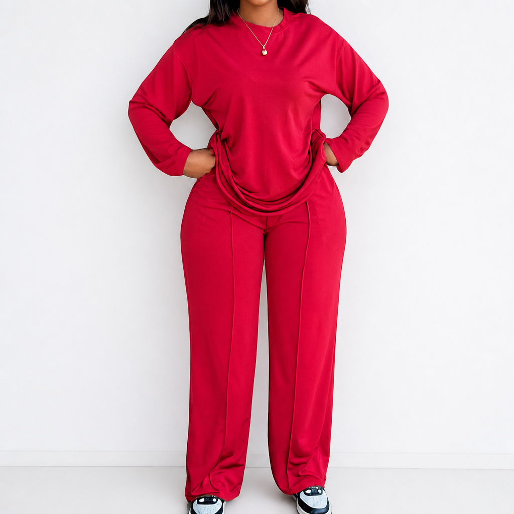 ElysianEase™ – Relaxed Long Sleeve Top & Wide-Leg Pants Set