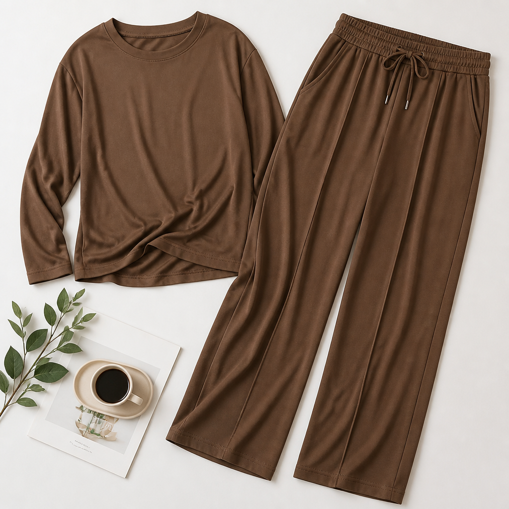 ElysianEase™ – Relaxed Long Sleeve Top & Wide-Leg Pants Set