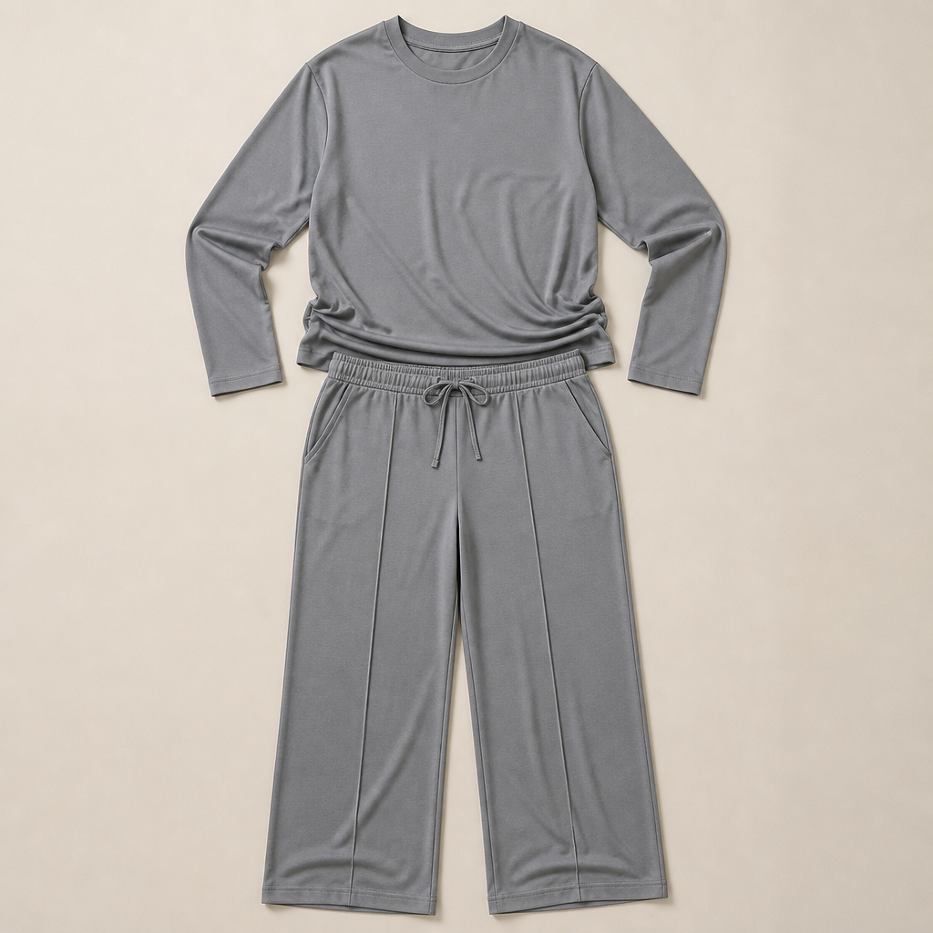 ElysianEase™ – Relaxed Long Sleeve Top & Wide-Leg Pants Set