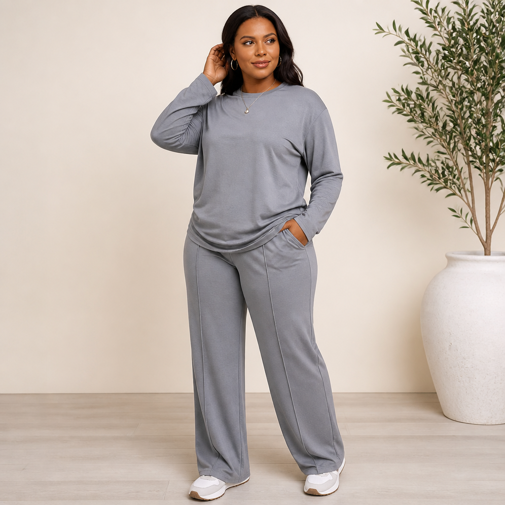 ElysianEase™ – Relaxed Long Sleeve Top & Wide-Leg Pants Set
