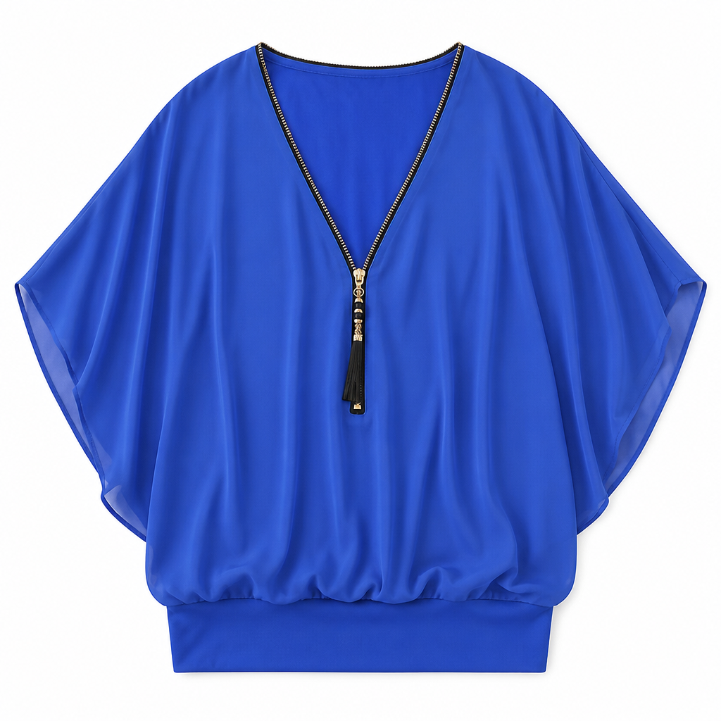 LuminaFlex™ – Flowy Chiffon V-Neck Blouse with Zip Detail