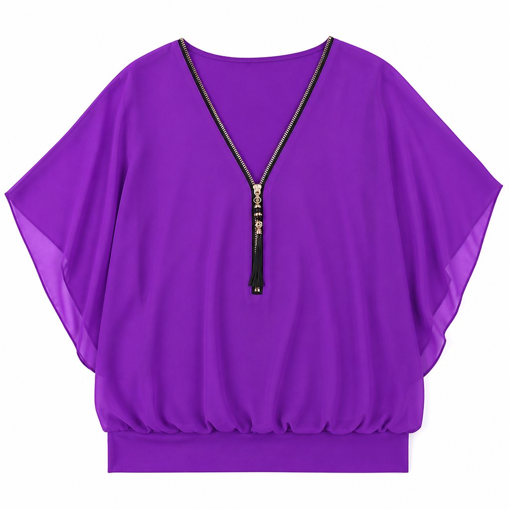 LuminaFlex™ – Flowy Chiffon V-Neck Blouse with Zip Detail