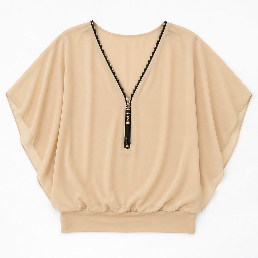LuminaFlex™ – Flowy Chiffon V-Neck Blouse with Zip Detail