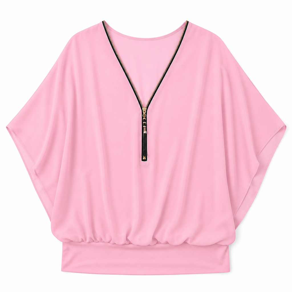 LuminaFlex™ – Flowy Chiffon V-Neck Blouse with Zip Detail