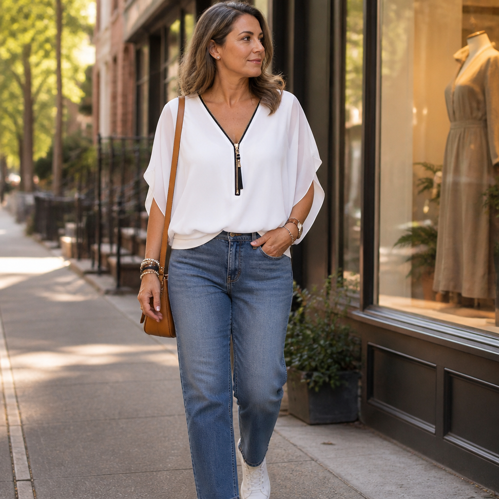 LuminaFlex™ – Flowy Chiffon V-Neck Blouse with Zip Detail