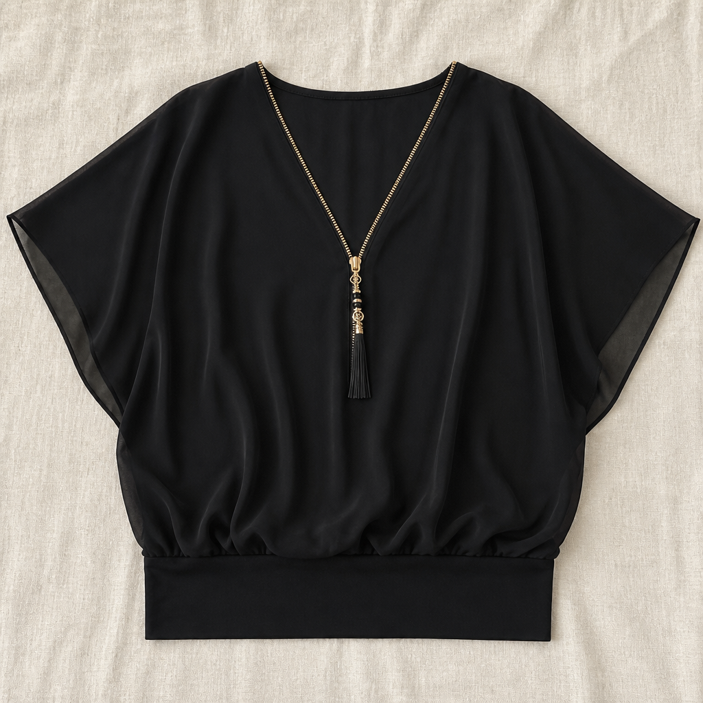 LuminaFlex™ – Flowy Chiffon V-Neck Blouse with Zip Detail