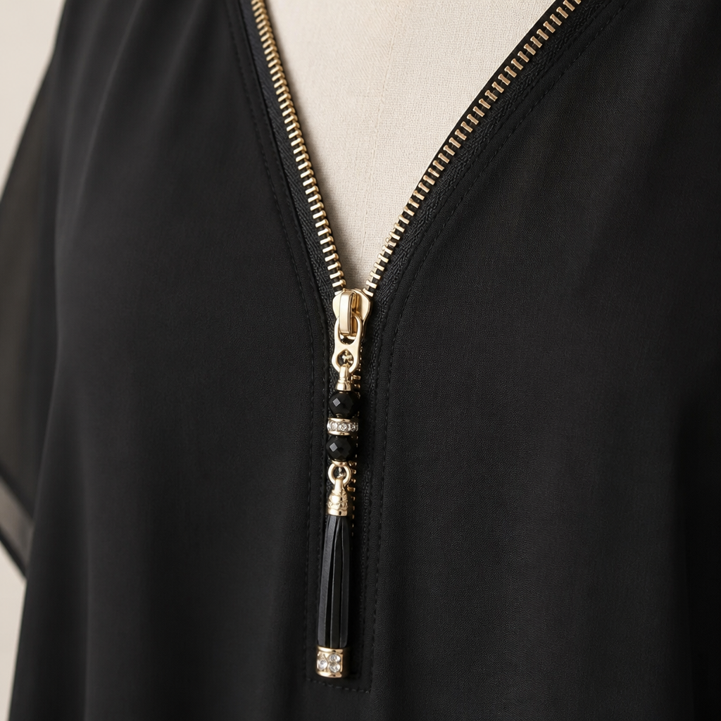 LuminaFlex™ – Flowy Chiffon V-Neck Blouse with Zip Detail