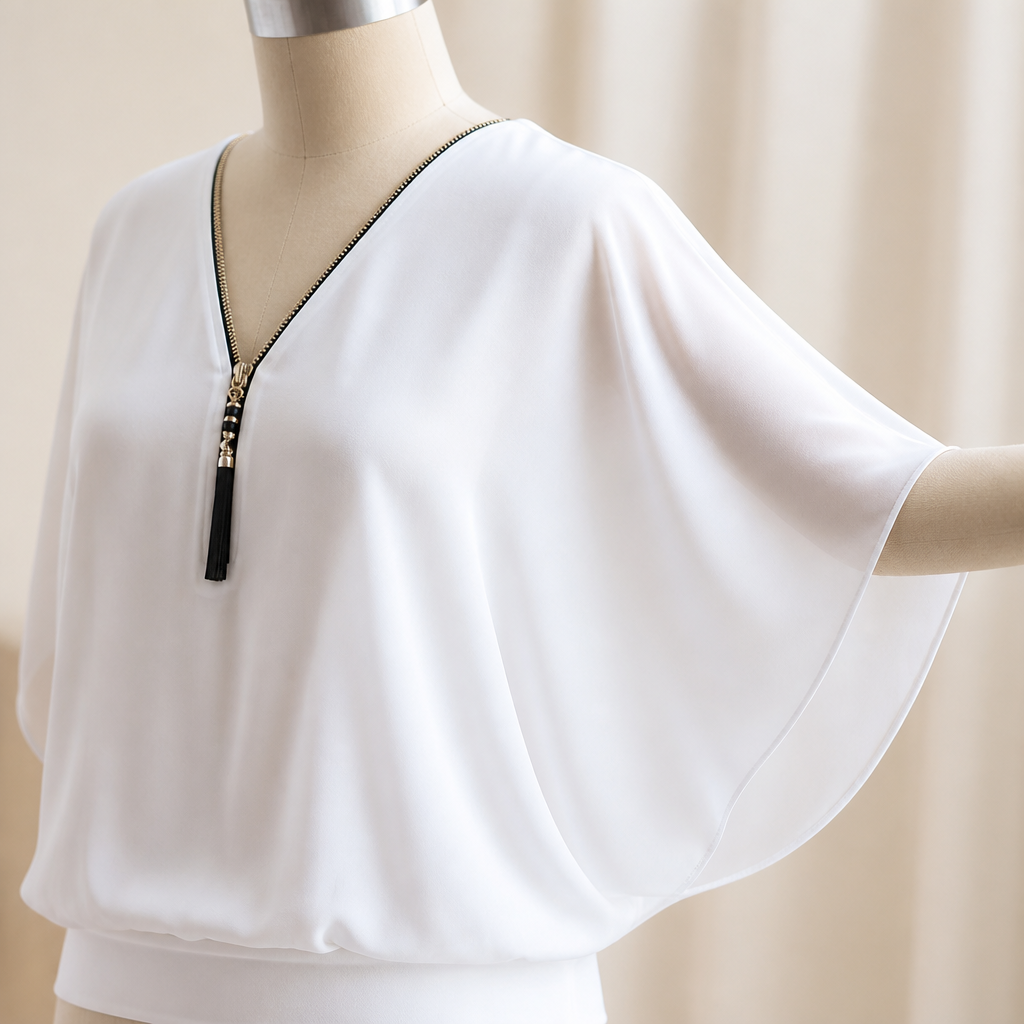 LuminaFlex™ – Flowy Chiffon V-Neck Blouse with Zip Detail