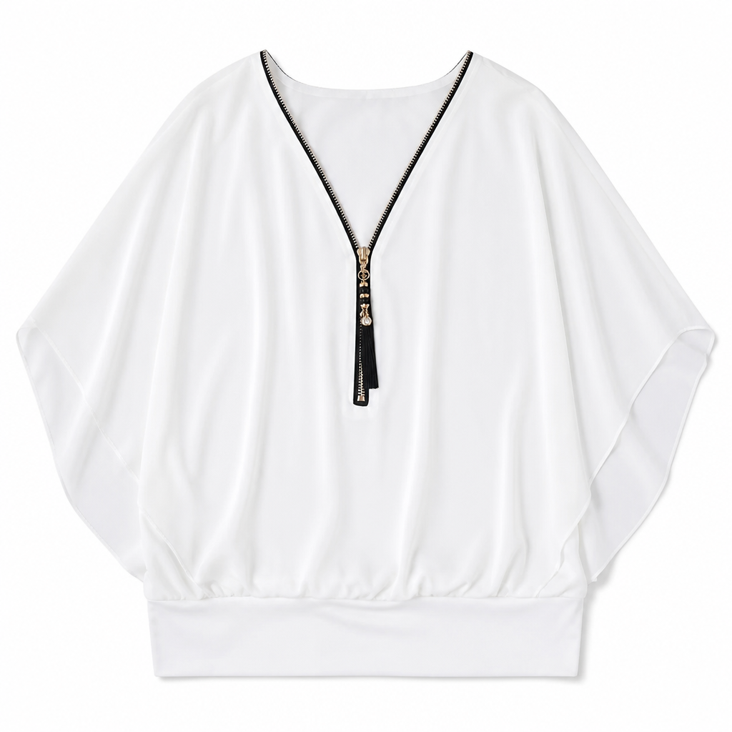 LuminaFlex™ – Flowy Chiffon V-Neck Blouse with Zip Detail