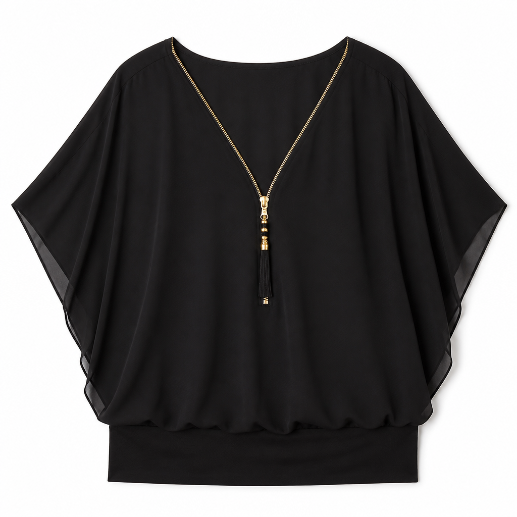 LuminaFlex™ – Flowy Chiffon V-Neck Blouse with Zip Detail