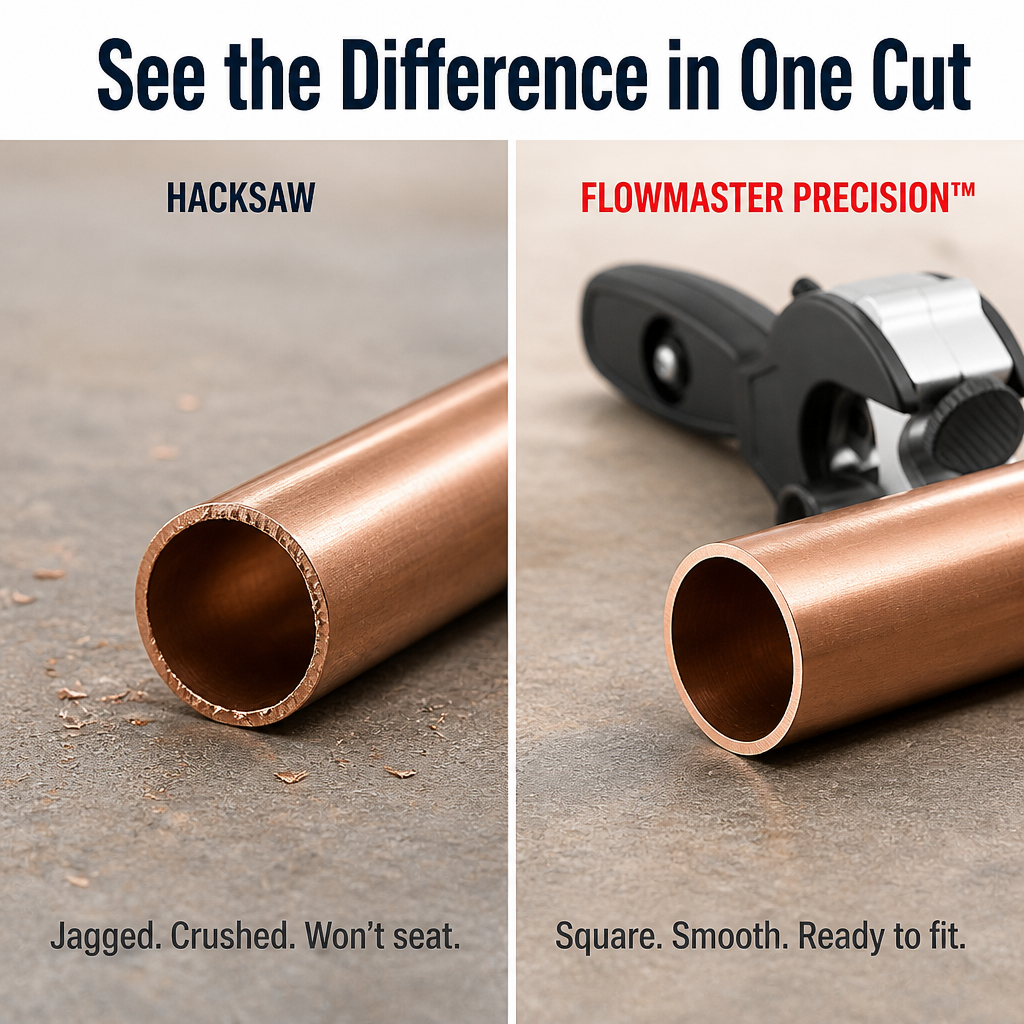 FlowMaster Precision™ — Ratchet Through PVC, Copper & PEX in Seconds Without Crushing Pipes