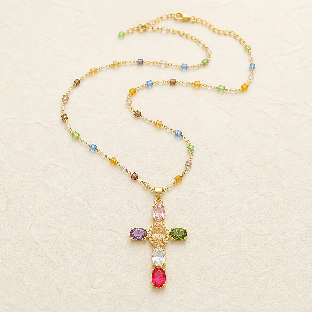 DazzleDrop™ – Multicolor Crystal Cross Pendant Necklace