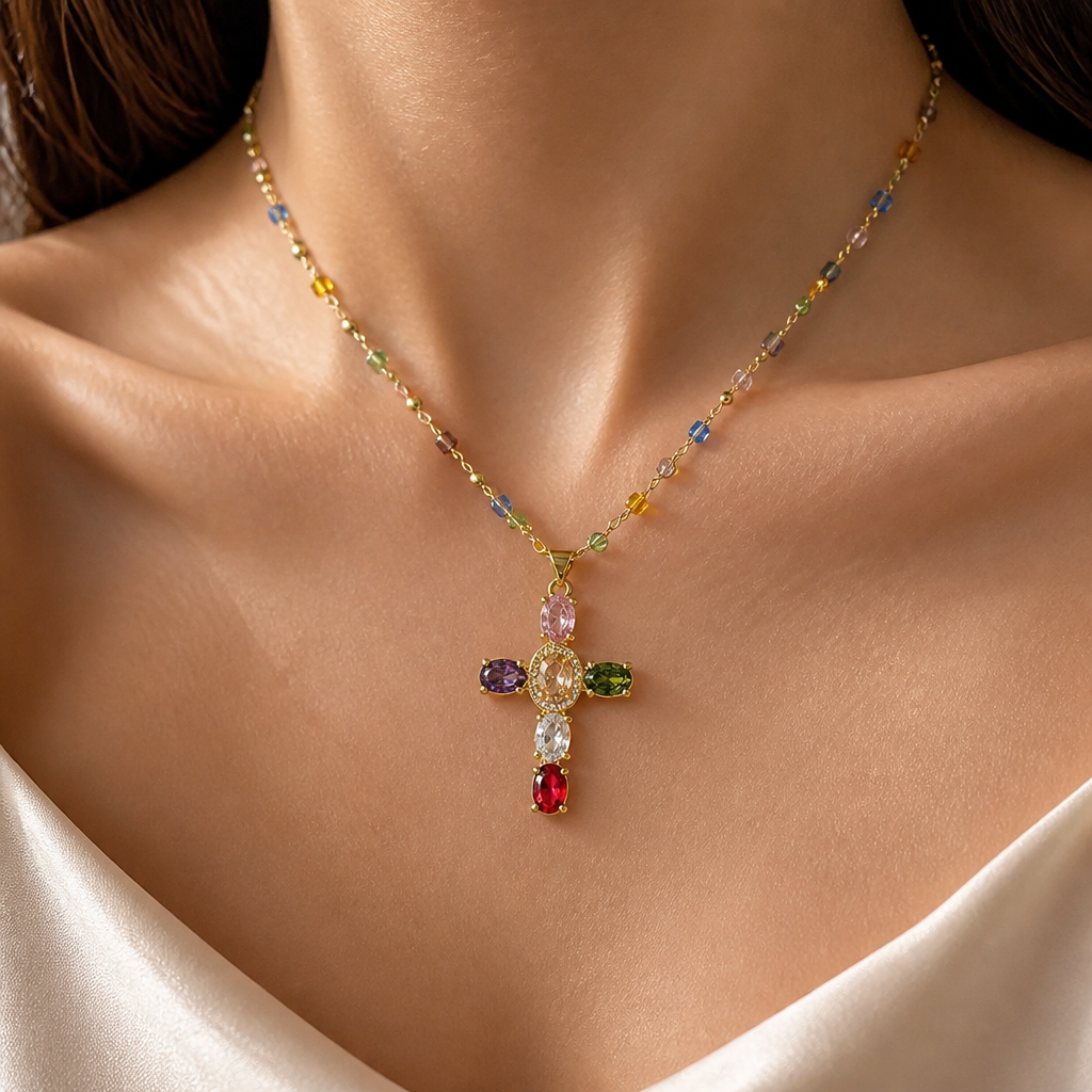 DazzleDrop™ – Multicolor Crystal Cross Pendant Necklace