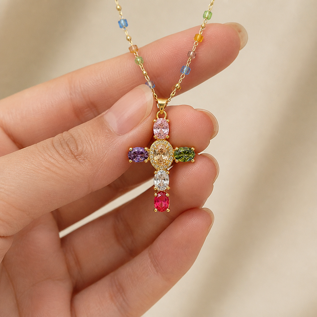 DazzleDrop™ – Multicolor Crystal Cross Pendant Necklace