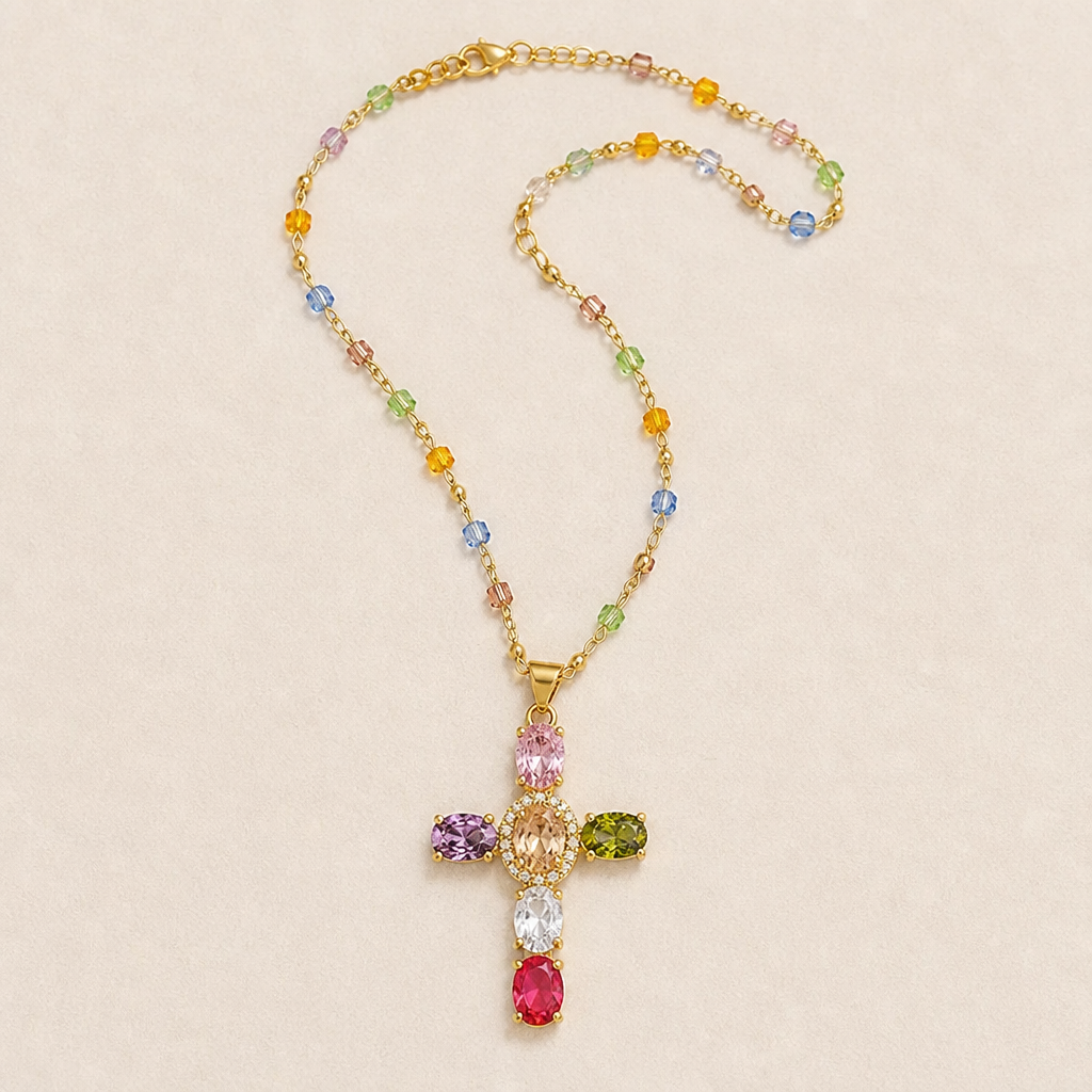 DazzleDrop™ – Multicolor Crystal Cross Pendant Necklace