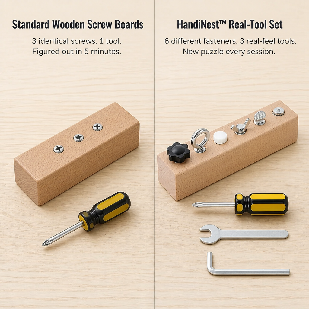 HandiNest™ — Hand Your Curious Toddler Real Tools, Real Screws, Real Focus