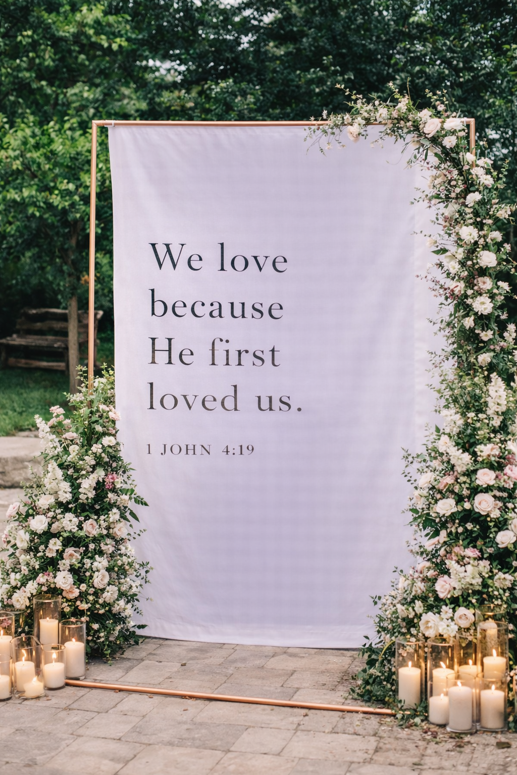 Personalized Wedding Backdrop for Wedding Photography, We Love Because He First Loved Us Photo Backdrop