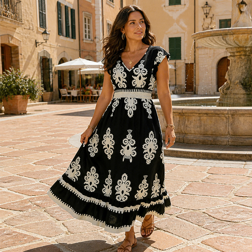 LuminaSway™ – Vintage Baroque Print V-Neck Maxi Dress