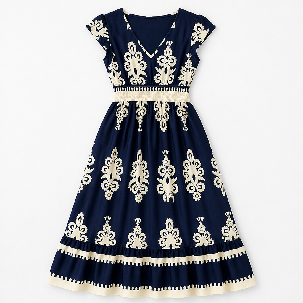 LuminaSway™ – Vintage Baroque Print V-Neck Maxi Dress