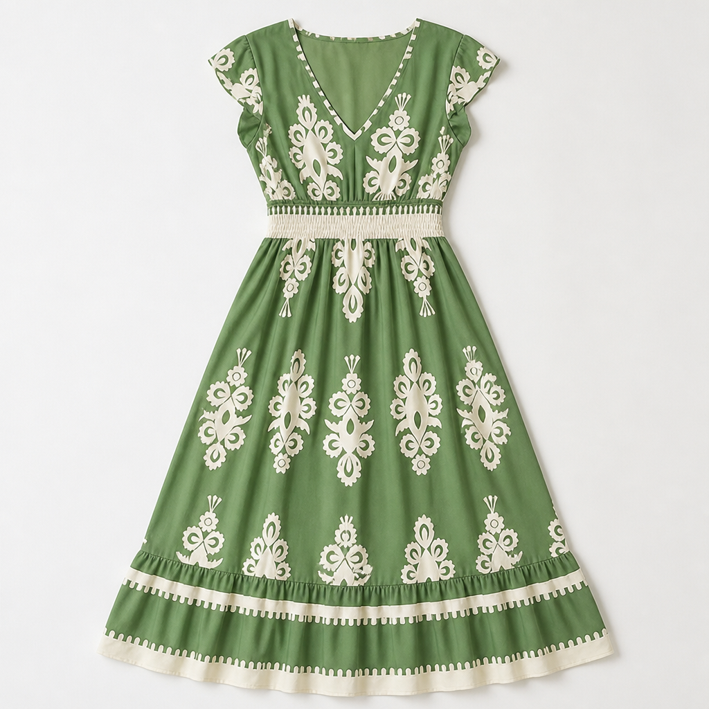 LuminaSway™ – Vintage Baroque Print V-Neck Maxi Dress