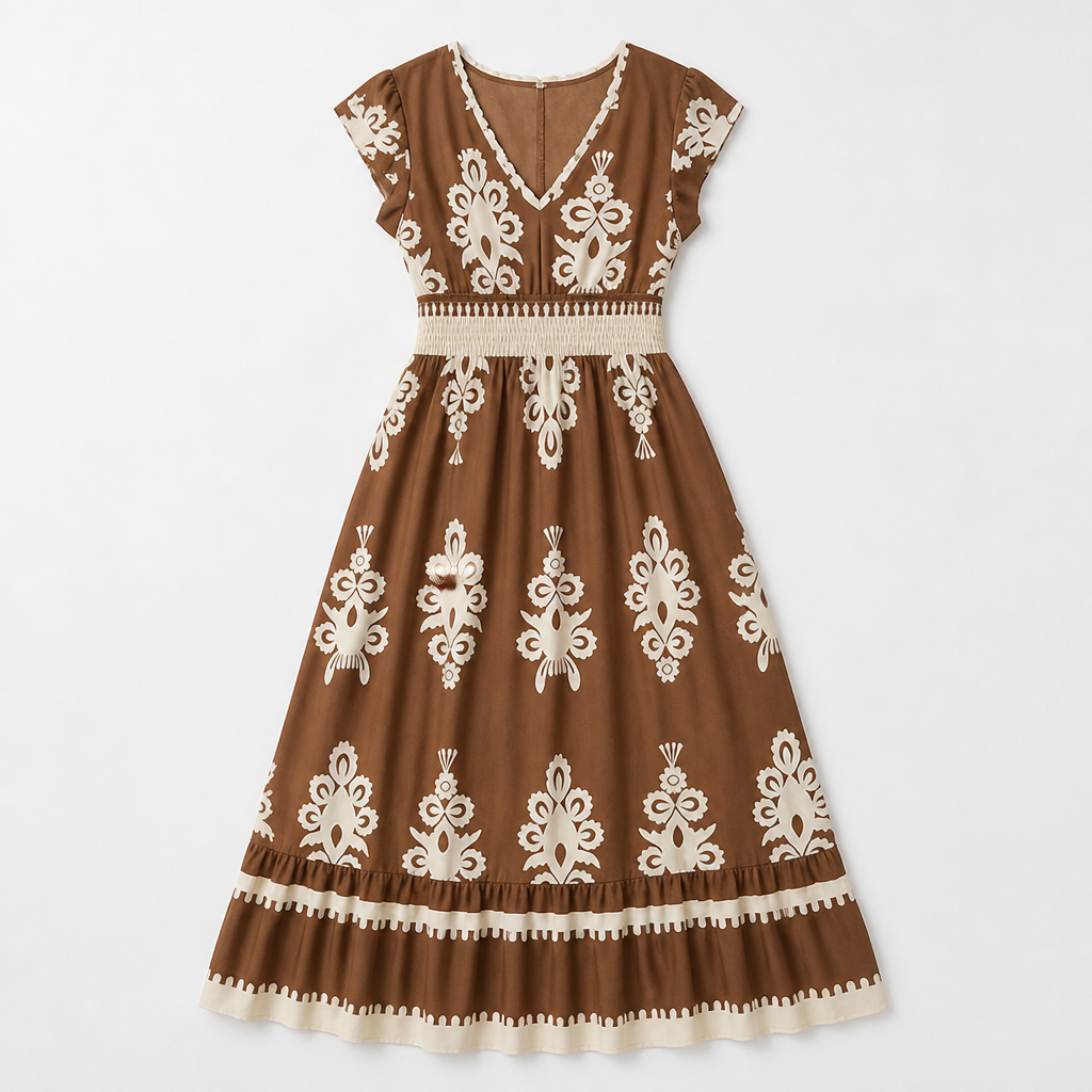 LuminaSway™ – Vintage Baroque Print V-Neck Maxi Dress