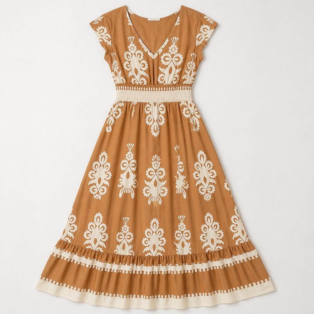 LuminaSway™ – Vintage Baroque Print V-Neck Maxi Dress