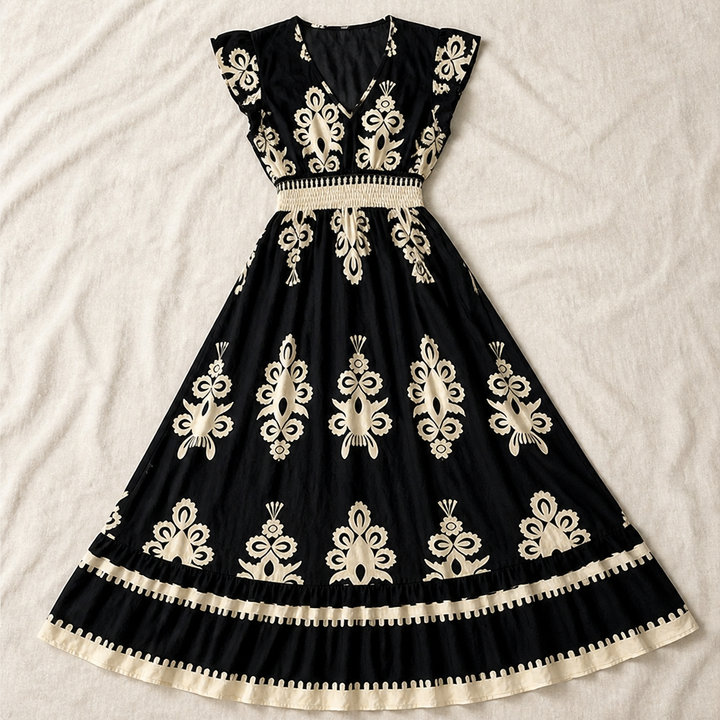 LuminaSway™ – Vintage Baroque Print V-Neck Maxi Dress