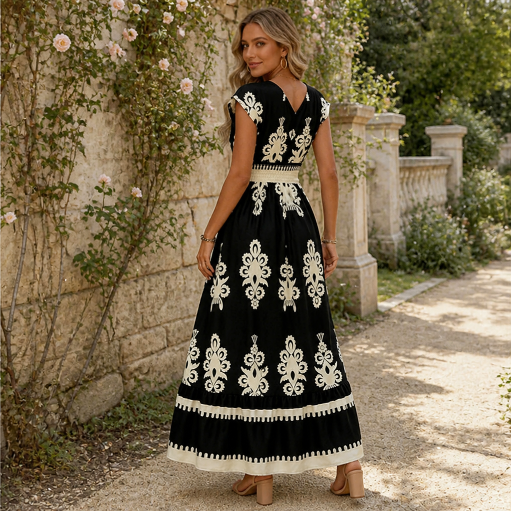 LuminaSway™ – Vintage Baroque Print V-Neck Maxi Dress