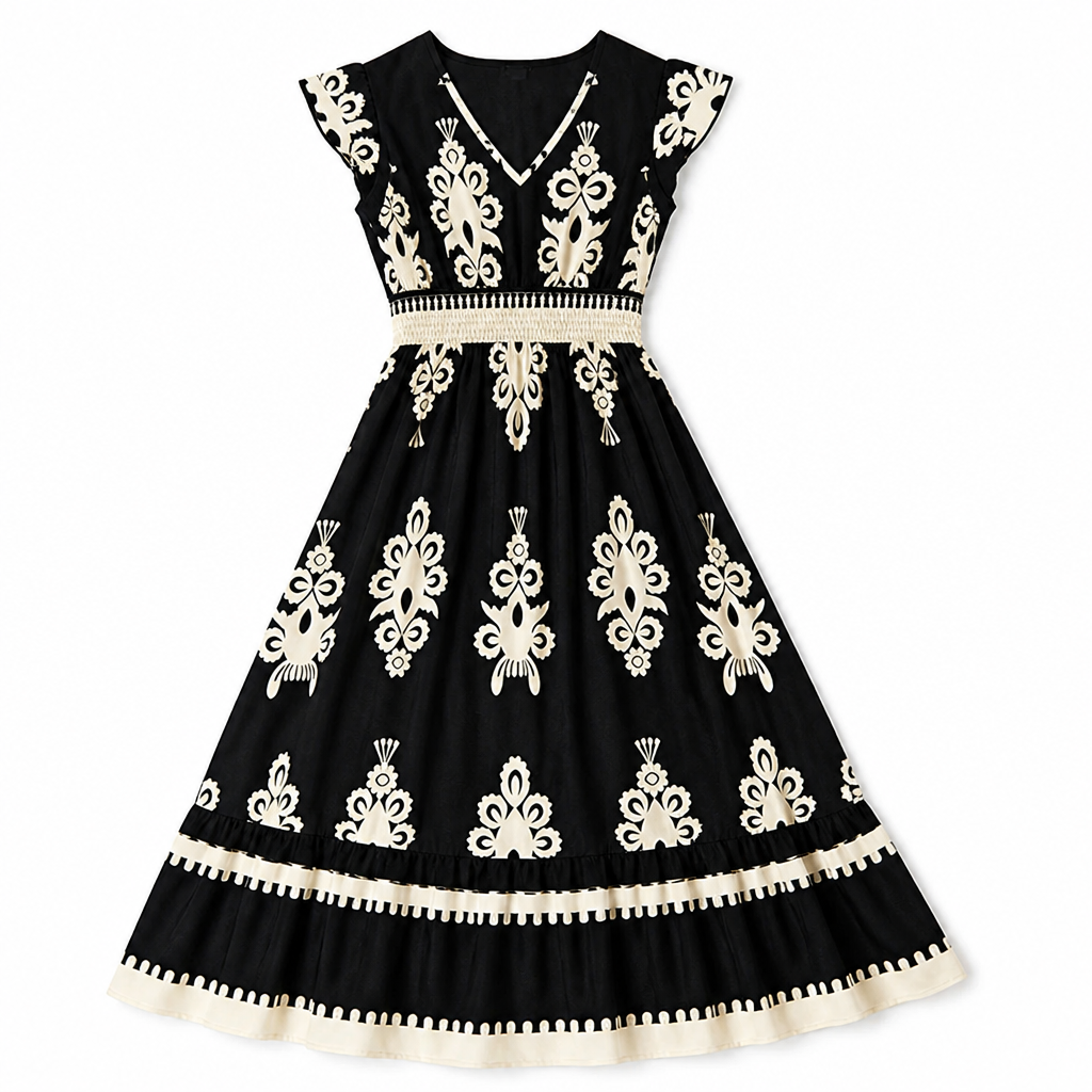LuminaSway™ – Vintage Baroque Print V-Neck Maxi Dress