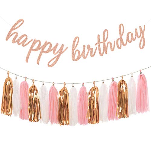 Rose Gold Birthday Party Decorations with Happy Birthday Banner and Tissue Pom Poms