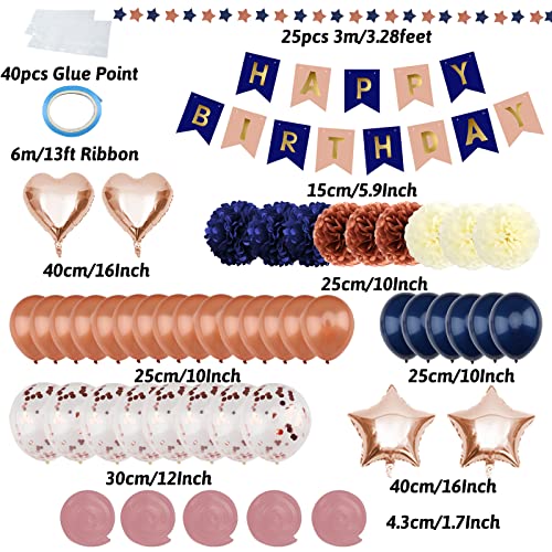 Navy Blue Rose Gold Birthday Party Decorations with Happy Birthday Banner Paper Pom Poms Balloons