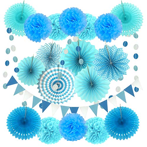 21Pcs Blue Hanging Paper Fans Pom Poms Flowers for Birthday Parties