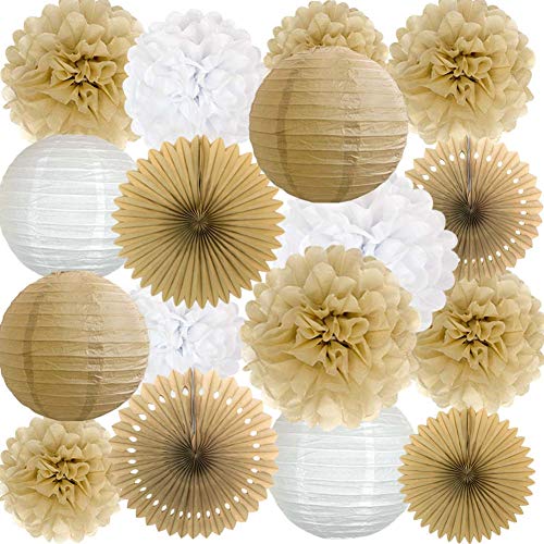 17pcs Rustic Paper Pom Poms Paper Fans Lanterns for Bridal Baby Shower Birthday Wedding