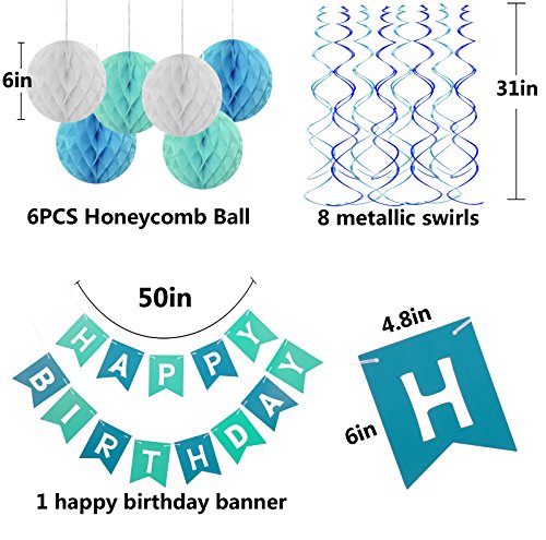 Blue Happy Birthday Banner Honeycomb balls Swirls Streamers for Birthday Decorations