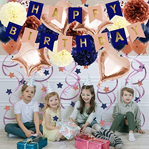 Navy Blue Rose Gold Birthday Party Decorations with Happy Birthday Banner Paper Pom Poms Balloons