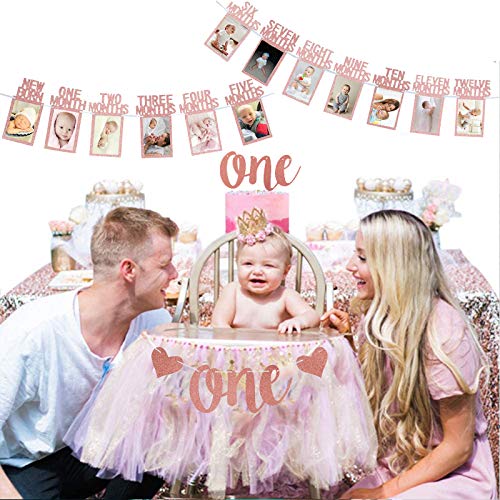 Rose Gold 1st Birthday Baby Photo Banner for First Birthday Party Decoration