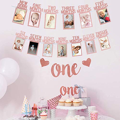 Rose Gold 1st Birthday Baby Photo Banner for First Birthday Party Decoration
