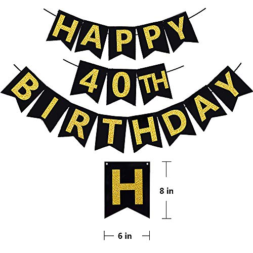 Gold Glittery Happy 40th Birthday Banner for 40th Anniversary Decorations