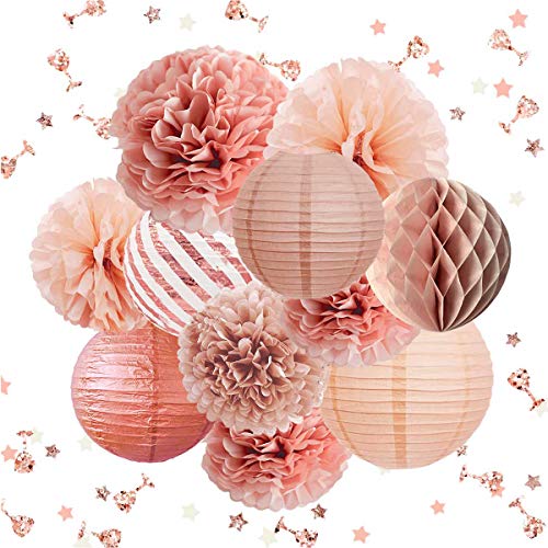 12PCS Rose Gold Tissue Pom Poms Paper Lantern for Wedding Bridal Shower Baby Shower Birthday  Party Decorations