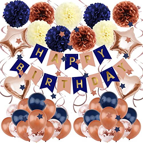 Navy Blue Rose Gold Birthday Party Decorations with Happy Birthday Banner Paper Pom Poms Balloons