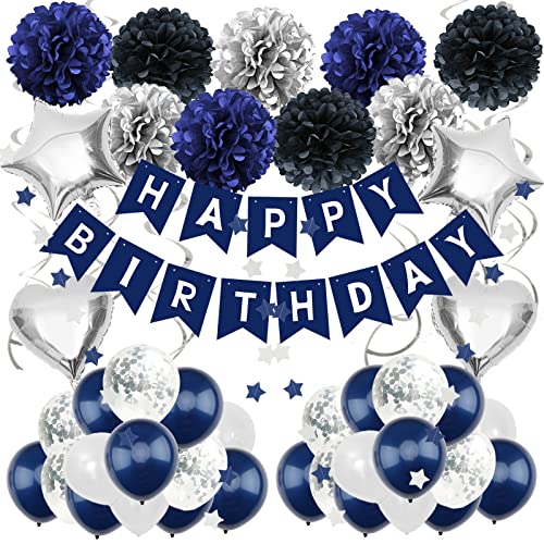 Birthday Decorations for Men Happy Birthday Banner Pompoms Balloon for Birthday Party