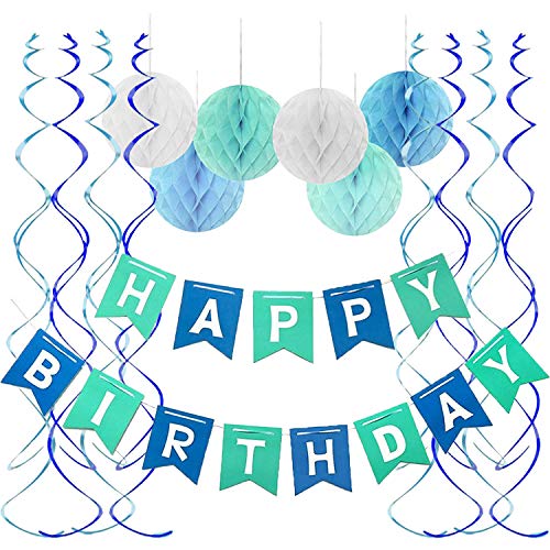 Blue Happy Birthday Banner Honeycomb balls Swirls Streamers for Birthday Decorations