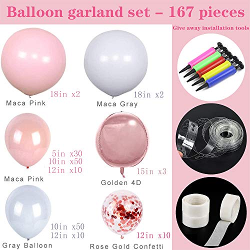 167 Pcs Pink and Gray Balloon Garland Arch Kit for Bridal Shower and Birthday