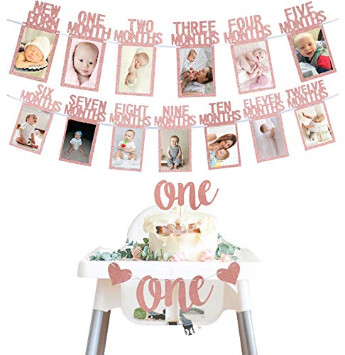 Rose Gold 1st Birthday Baby Photo Banner for First Birthday Party Decoration