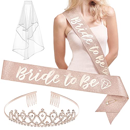 Bachelorette Party Decorations Rose Gold Glitter Kit -Bride to Be Sash, Tiara, Veil