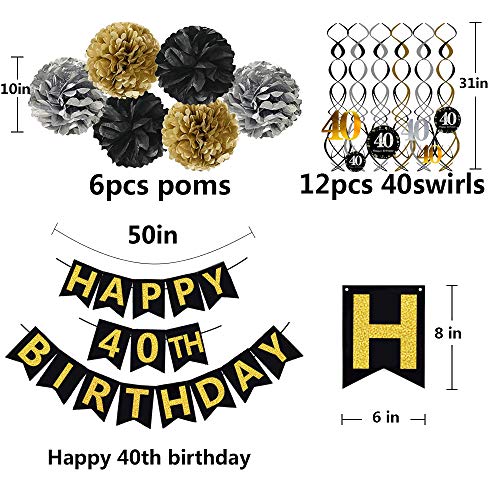 Gold Glittery Happy 40th Birthday Banner for 40th Anniversary Decorations