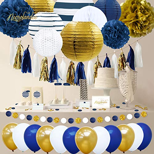 NICROLANDEE 12 Pcs Navy Blue Gold Tissue Paper Pom Poms for Graduations Party, Birthday, Baby Bridal Shower, Wedding, Bachelo