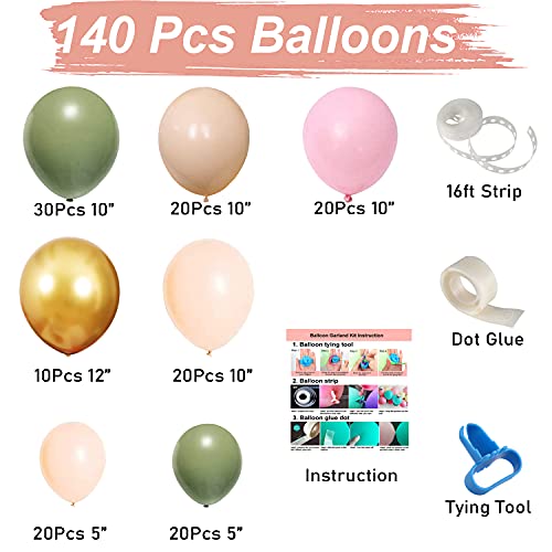 140Pcs Sage Green Peach Blush Pink Balloon Garland Arch Kit for Baby Bridal Shower