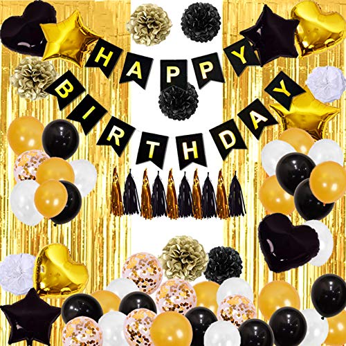 Black and Gold Birthday Decorations for Men with Balloons and Banners